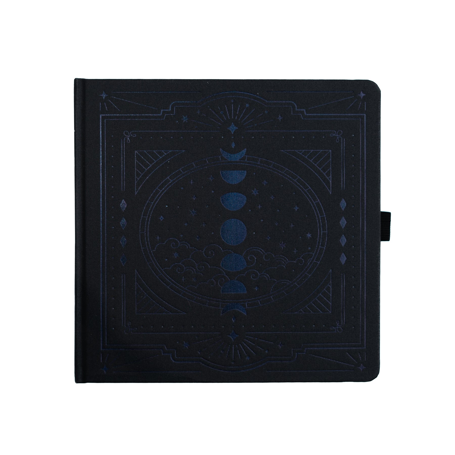 Black notebook with celestial design on a white background