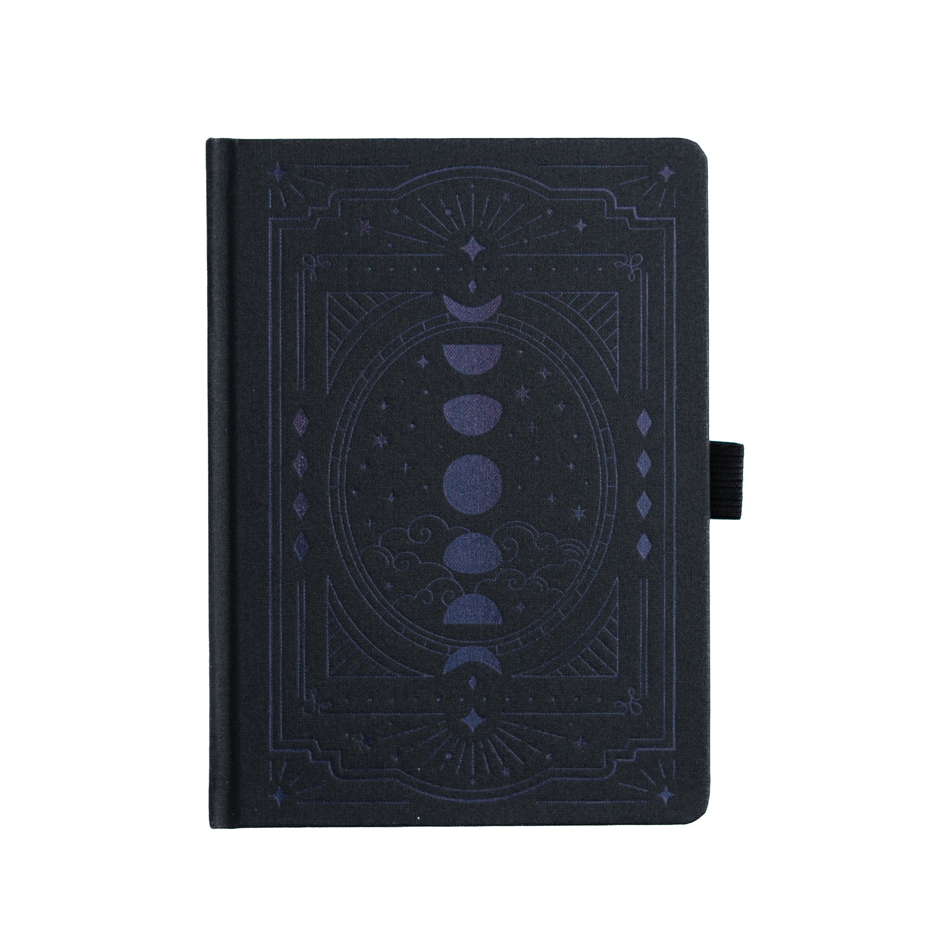 Black notebook with celestial design on a white background